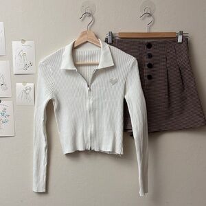 White Ribbed Zip-Up Sweater